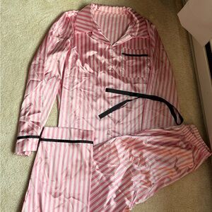 Pink and White Striped Pajama Set with Black Trim